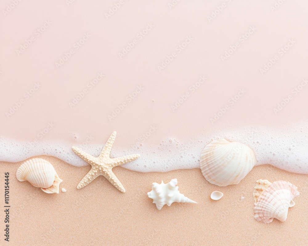 Serene Beach Still Life Starfish and Seashells on Wet Sand with Ocean Waves Serene Beach Still Life Starfish and Seashells on Wet Sand with Ocean Waves