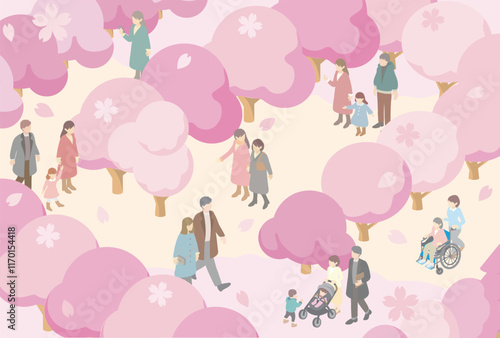フレーム　アイソメトリック　人物　ファミリー　キッズ　春　お花見　さくら　桜　背景　イラスト素材