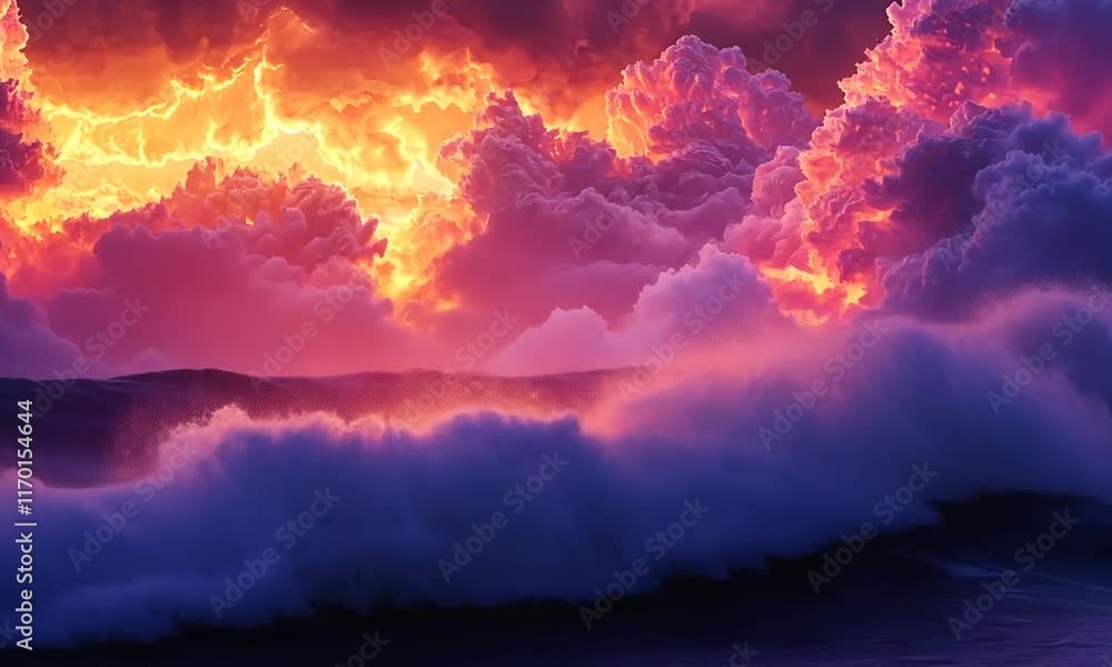 A vibrant sunset over tumultuous ocean waves with dramatic clouds and warm colors. A vibrant sunset over tumultuous ocean waves with dramatic clouds and warm colors.