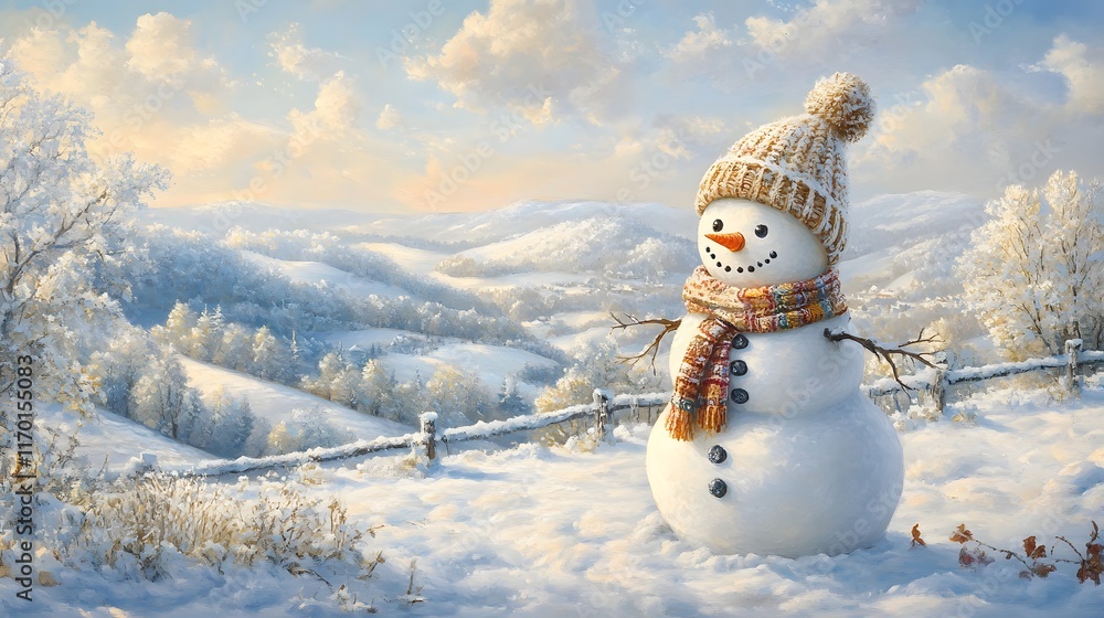 Fototapeta premium A Winter Snowman Overlooks Snowy Hills And Valley