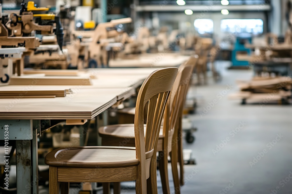Row of wooden chairs standing in a furniture factory workshop Row of wooden chairs standing in a furniture factory workshop