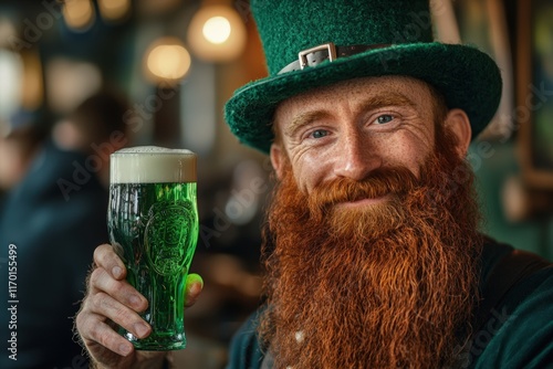 A cheerful man with a long red beard, wearing a green top hat and holding a glass of green beer, celebrating St. Patrick’s Day and Irish culture.  . photo