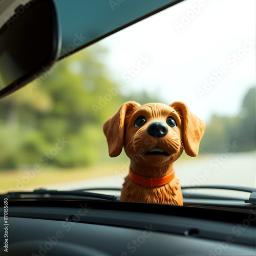 Retro nodding brown bobble head dog under rear car window windscreen with shaking head - right center view shot