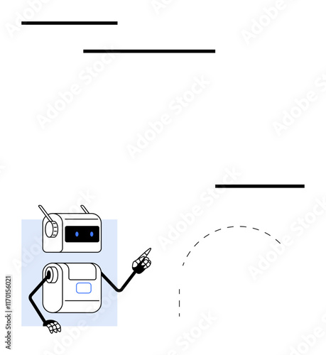 Friendly robot character with pointing gesture, surrounded by horizontal lines and dashed curve. Ideal for technology, robotics, AI, automation, education, guidance, futuristic concepts. Line