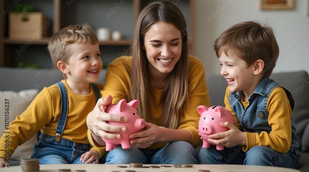 Fototapeta premium family with piggy bank savings concept