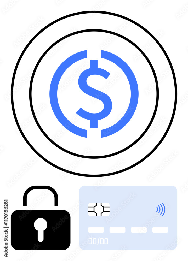 Dollar sign within concentric circles above a lock and contactless credit card, symbolizing financial security, online payments, safety. Ideal for fintech, banking, cybersecurity, e-commerce, digital Dollar sign within concentric circles above a lock and contactless credit card, symbolizing financial security, online payments, safety. Ideal for fintech, banking, cybersecurity, e-commerce, digital