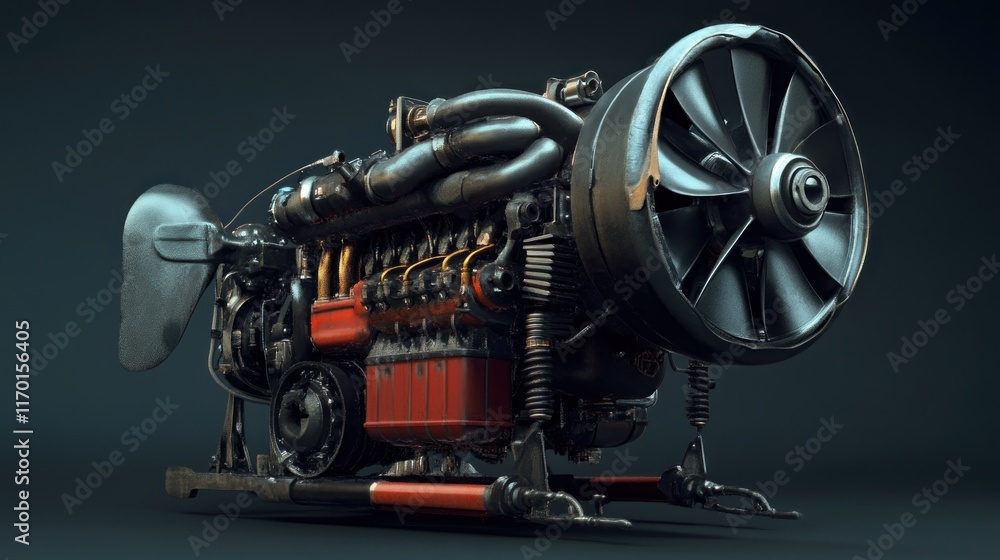 Fototapeta premium A detailed 3D rendering of an aircraft engine showcasing its mechanical components.