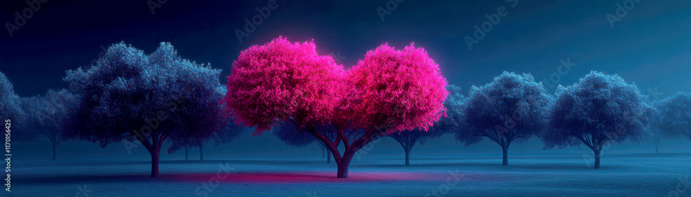 A dreamy landscape of heart-shaped trees illuminated at night. A dreamy landscape of heart-shaped trees illuminated at night.
