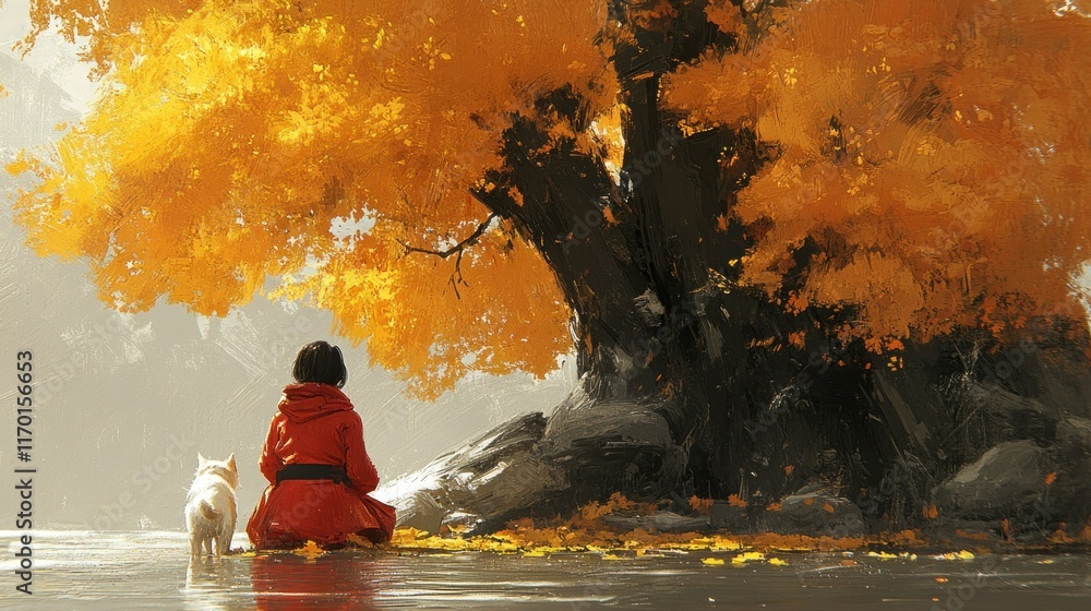Fototapeta premium A girl in red sitting by a vibrant autumn tree with a dog.