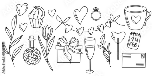 Hand drawn Valentine vector with hearts, bows, leaves, gifts, and a cupcake in black and white doodle style. Ideal for cards, invitations, scrapbooking, DIY crafts, and digital art projects