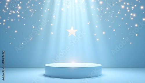 blue award podium background  rays showering on podium