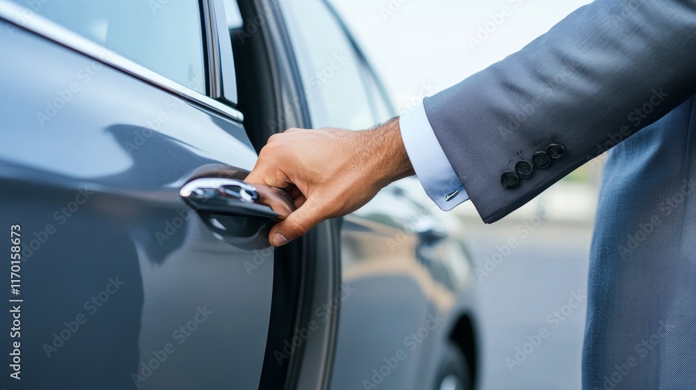 Close-Up Shot of a Professional Businessman with his Hand Firmly on the Car Door Handle Demonstrating Elegance and Confidence while Opening the Door to his Vehicle Close-Up Shot of a Professional Businessman with his Hand Firmly on the Car Door Handle Demonstrating Elegance and Confidence while Opening the Door to his Vehicle