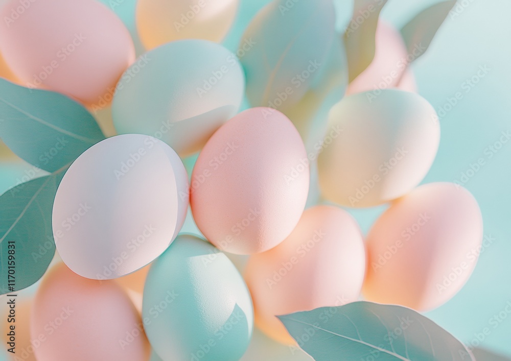 Vibrant Pastel Easter Eggs and Leaves in Soft Sunlight Vibrant Pastel Easter Eggs and Leaves in Soft Sunlight