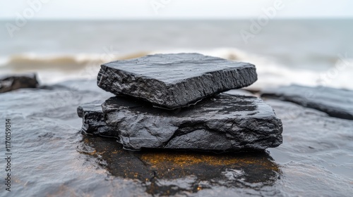 Serene coastal solitude, a majestic rock adorns the sandy beach, embracing the gentle waves