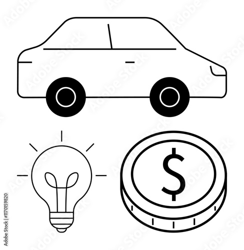 Car, coin with dollar symbol, and glowing light bulb. Ideal for finance, automotive industry, innovation, energy efficiency, smart investments cost analysis and economic concepts. Abstract line