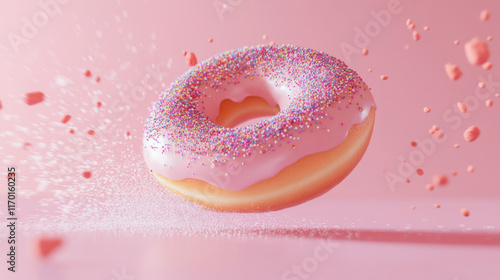 a single donut on a pink background, highly detailed texture with realistic sprinkles, photo