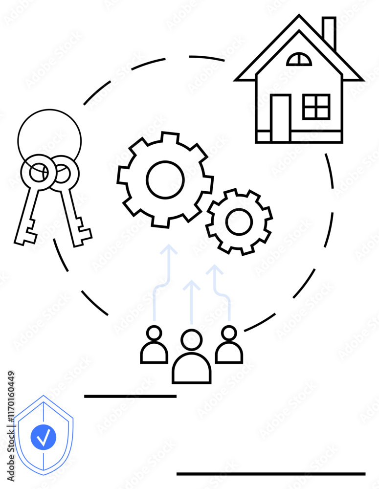 House, keys, gears, abstract human figures, and shield with checkmark signify steps in real estate, teamwork, and secure transactions. Ideal for property management, home buying collaboration House, keys, gears, abstract human figures, and shield with checkmark signify steps in real estate, teamwork, and secure transactions. Ideal for property management, home buying collaboration