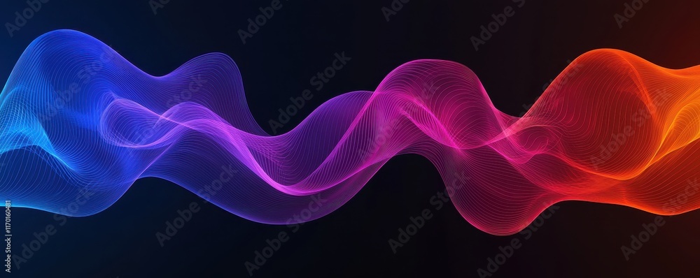 Fototapeta premium A vibrant wave of blue, pink, and orange colors flowing against a dark background, representing energy and motion in a dynamic visual format.