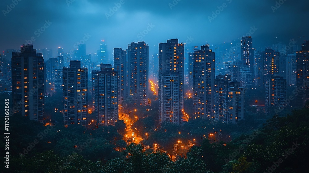 Fototapeta premium Night Cityscape Illuminated Towers Amidst Verdant Trees
