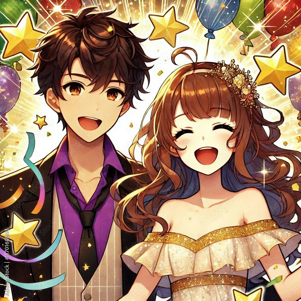 Beautiful and happy young couple, anime style drawing. Wedding, celebration, joy. Beautiful and happy young couple, anime style drawing. Wedding, celebration, joy.