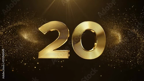 Mark 20 years milestones shimmering golden particles forming numbers stunning high quality 4K motion graphic alpha transparency