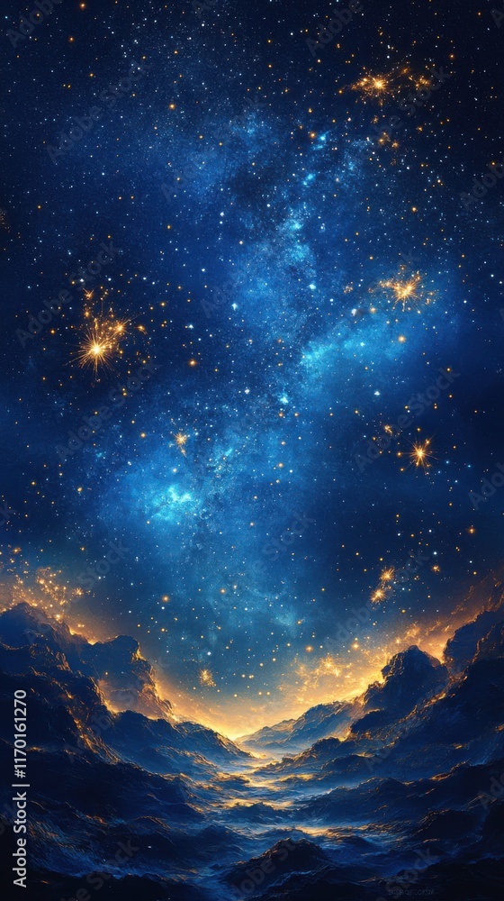 Fototapeta premium Serene night sky full of stars over a tranquil landscape deep blue colors celestial view peaceful night