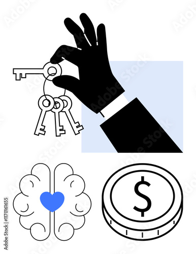 Hand with keys, brain with a heart, and a coin emphasize access, intellect, emotion, and financial decisions. Ideal for leadership, success, wisdom decision-making finance creativity and abstract