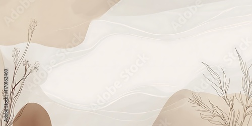 Beige abstract background with flowing fabric and minimalist plants; website banner.