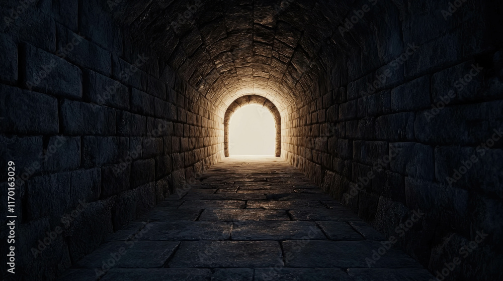 Fototapeta premium Inside an Ancient Stone Tunnel with Faint Light at the End of the Passageway