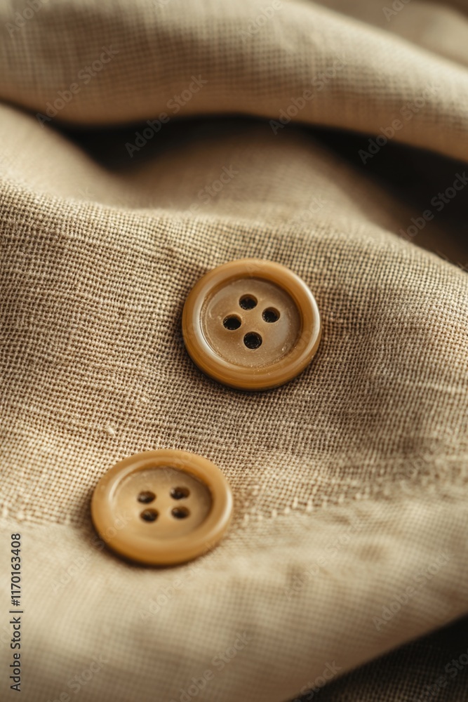 Two buttons are on a piece of cloth. The buttons are tan and have four holes. The cloth is a light brown color Two buttons are on a piece of cloth. The buttons are tan and have four holes. The cloth is a light brown color