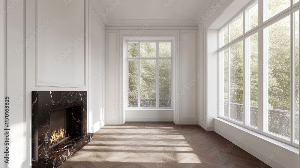 Fototapeta premium Modern luxury stylish apartment interior in pastel colors a very bright room with huge windows filled with daylight white walls wooden parquet floors and a dark marble fireplace