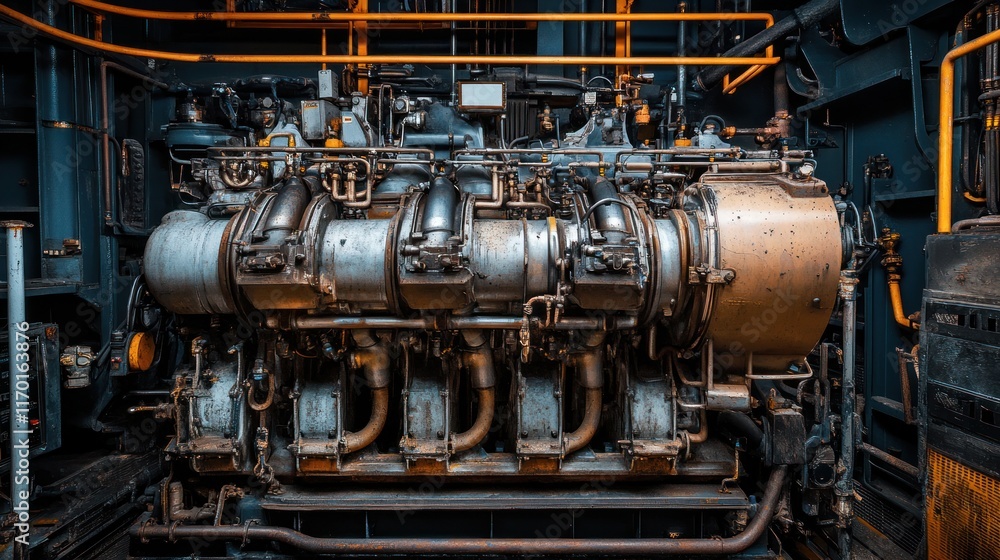 A detailed view of a large industrial engine with intricate piping and mechanical components. A detailed view of a large industrial engine with intricate piping and mechanical components.