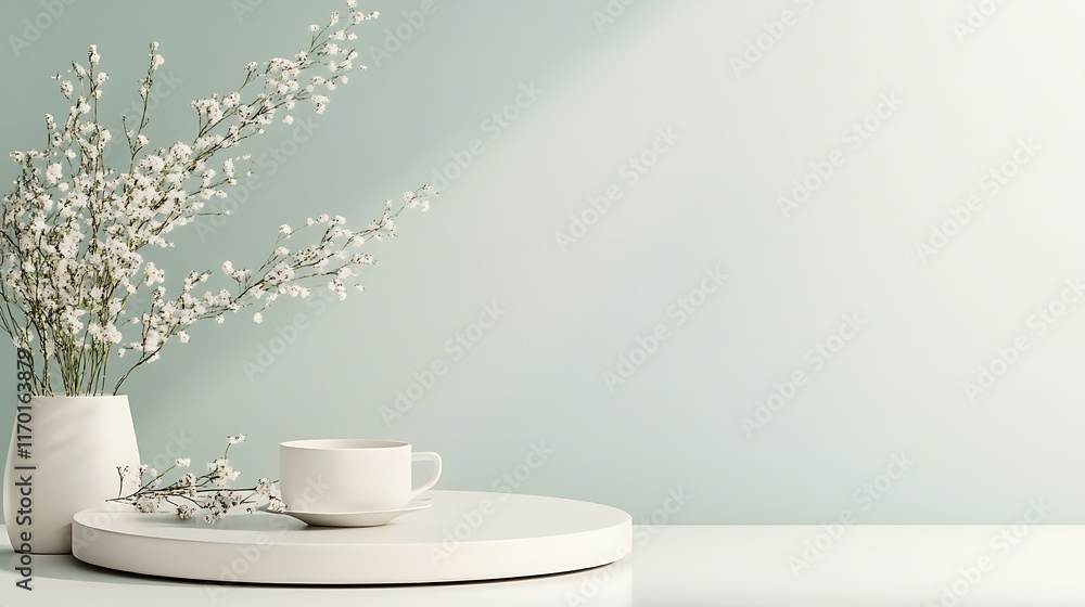 White flowers vase cup and saucer on a round platform White flowers vase cup and saucer on a round platform