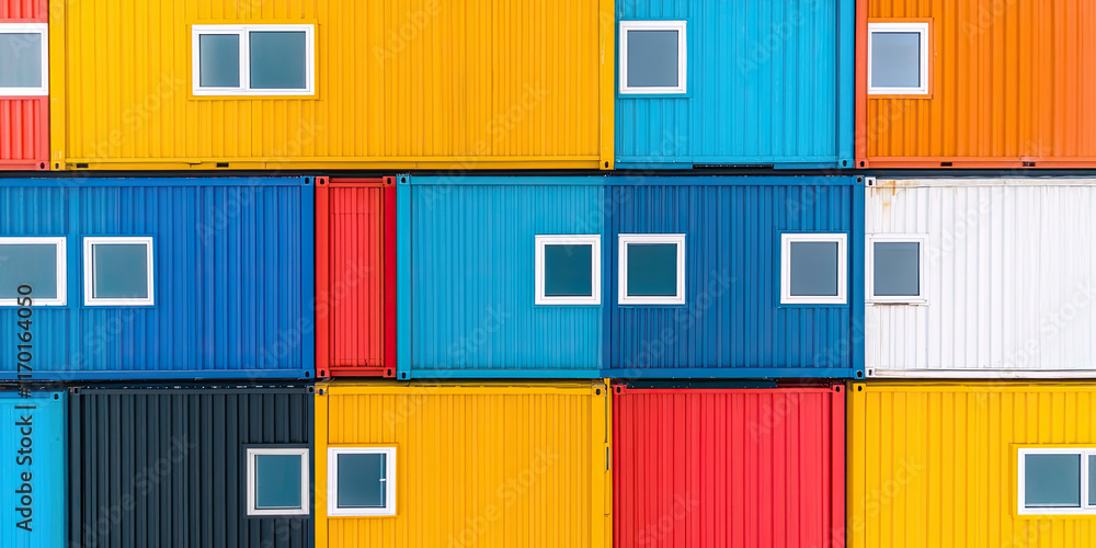 Fototapeta premium Vibrant shipping container art installation urban setting photography colorful environment aerial view creative concept