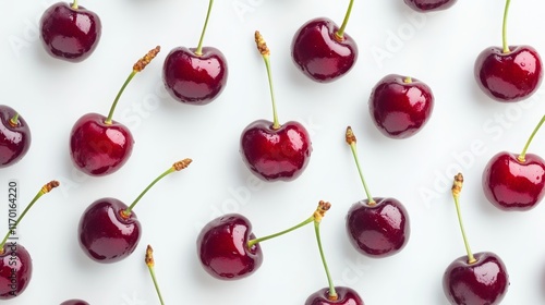 Fruit pattern of cherries isolated on white background top view