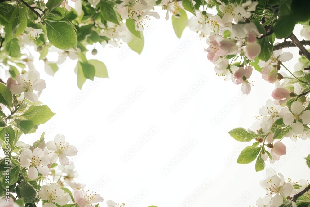 Blossoming tree branches form a frame against a bright background. Blossoming tree branches form a frame against a bright background.