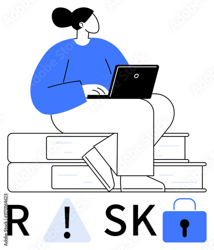 Person typing on laptop, sitting on a stack of books, facing risk word with alert sign and padlock. Ideal for cybersecurity, data protection, education, online safety, risk management, technology