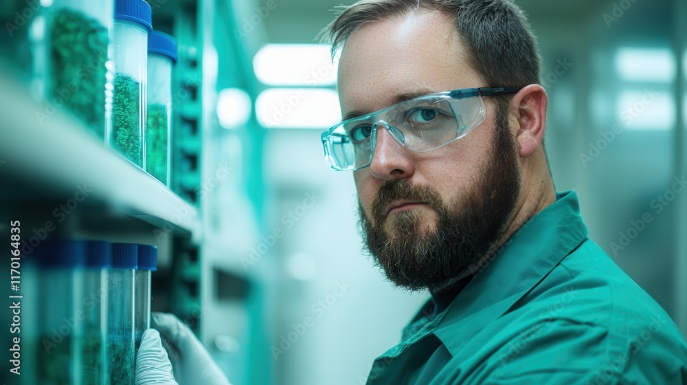 Environmental science drives research for preservation. Man in lab coat examines jars of green plant material. Environmental science drives research for preservation. Man in lab coat examines jars of green plant material.