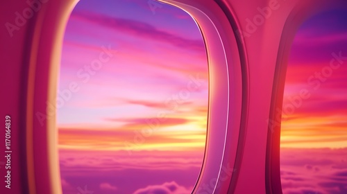 Vibrant sunset view from an airplane window, colorful clouds and serene landscape. photo