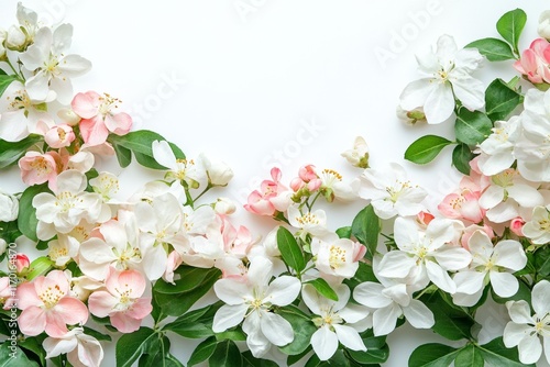 White background with delicate pink and white apple blossoms.
