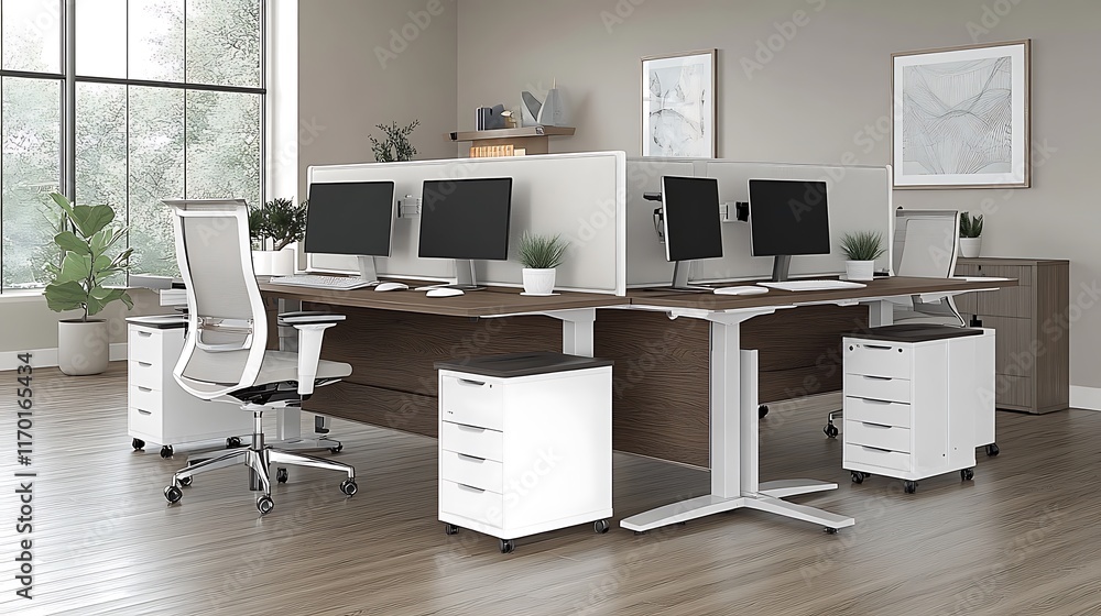 Modern office workspace featuring desks, computers, and ergonomic chairs. Modern office workspace featuring desks, computers, and ergonomic chairs.
