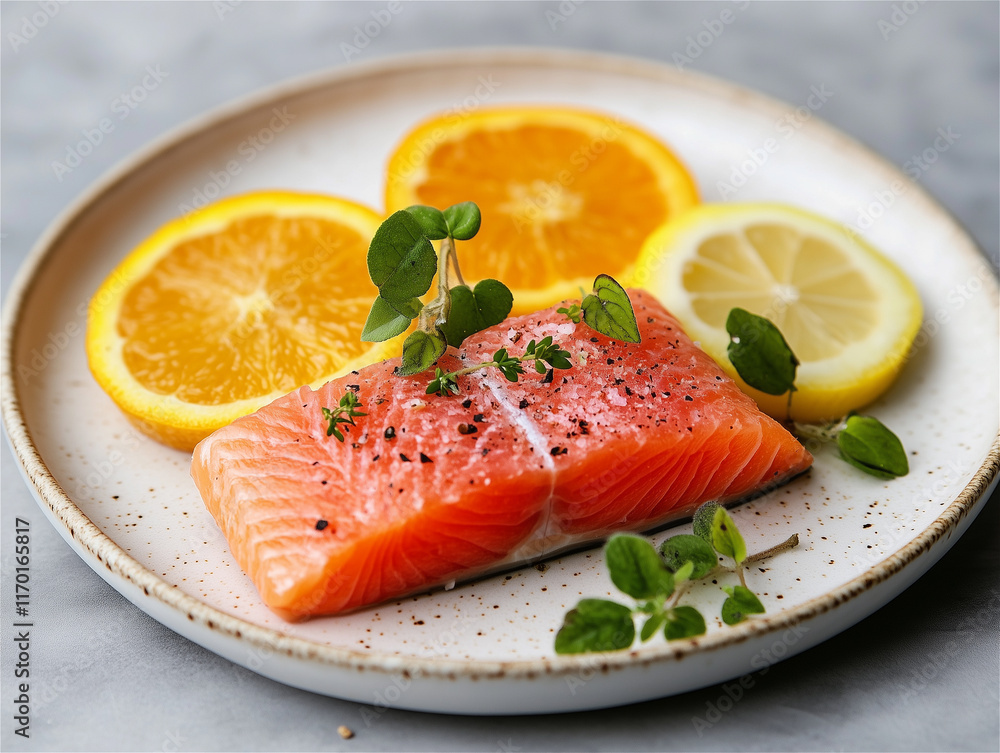 Food photography. A piece of salted red fish with herbs, seasoning, orange and lemon on a white plate. Photo for an online store or magazine article. Food photography. A piece of salted red fish with herbs, seasoning, orange and lemon on a white plate. Photo for an online store or magazine article.