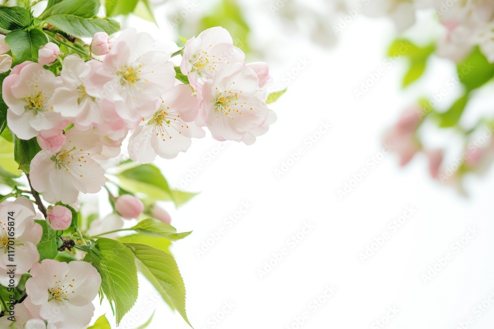 Delicate pink blossoms frame a bright white background. Delicate pink blossoms frame a bright white background.