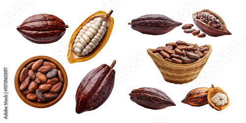 Raw Cocoa Pods and Beans Displayed on Transparent Background photo