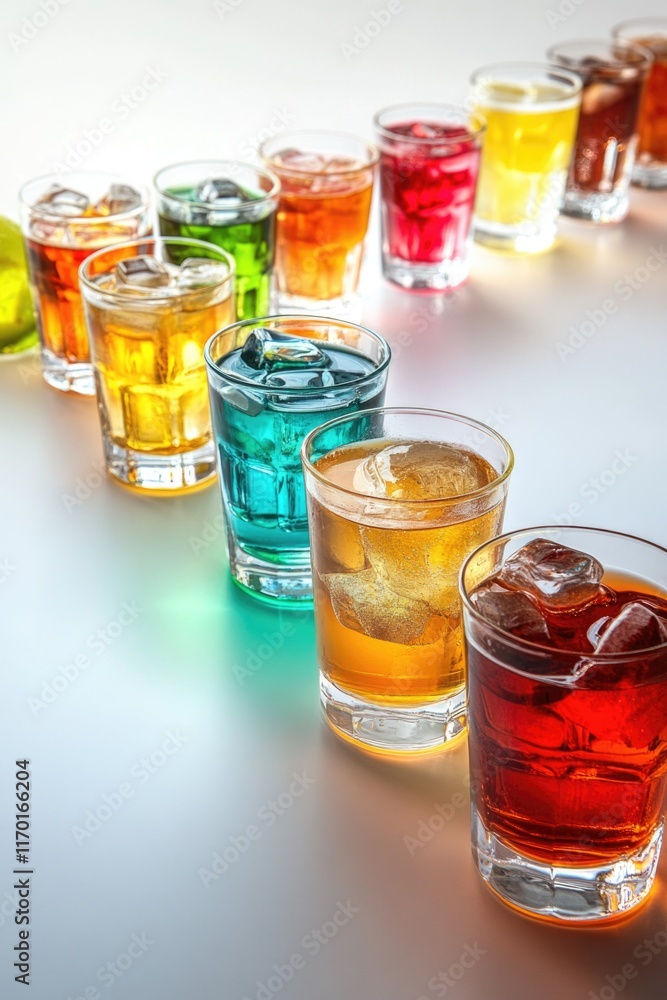 Variety of flavored drinks in shot glasses on white table. Variety of flavored drinks in shot glasses on white table.