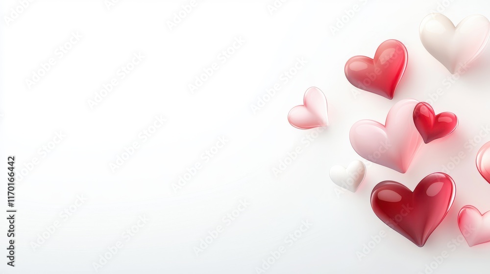 A seamless hearts border with red and pink tones floating on a clean white background. A seamless hearts border with red and pink tones floating on a clean white background.