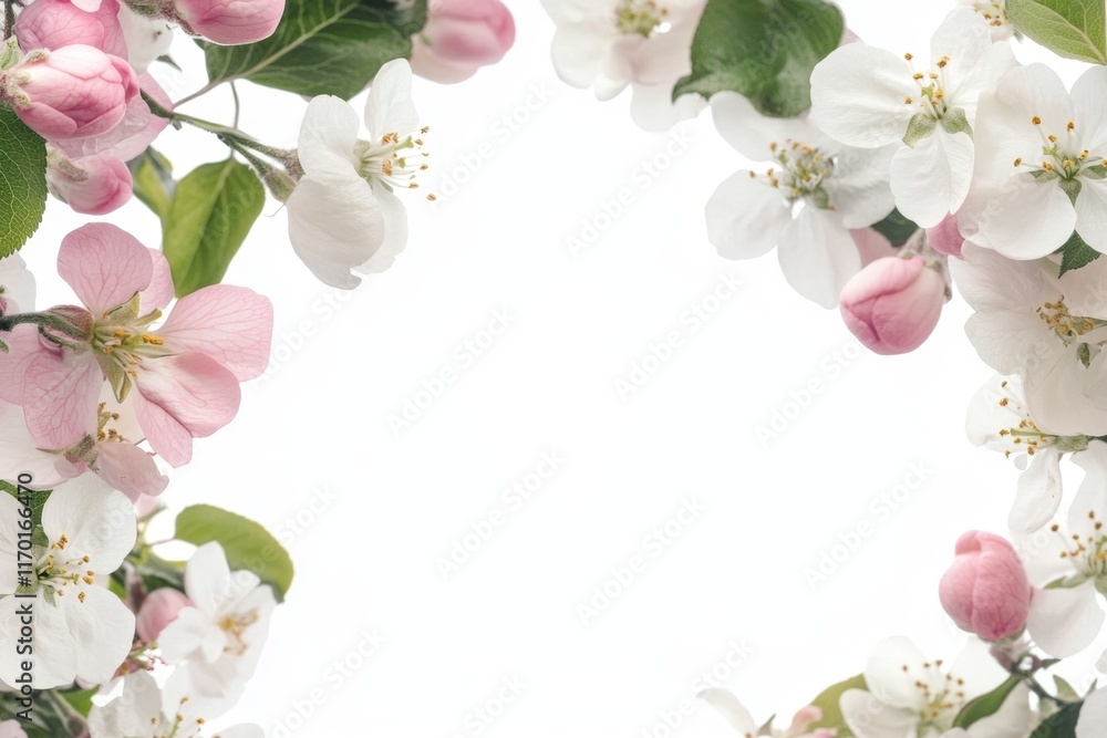 Frame of pink and white apple blossoms on white background. Frame of pink and white apple blossoms on white background.