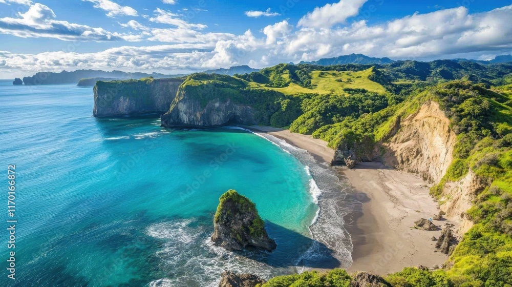 Fototapeta premium Coastal aerial view of a stunning beach surrounded by rocky cliffs and lush tropical greenery