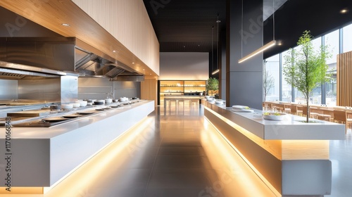 A sleek and modern commercial kitchen with high-end appliances and perfectly aligned equipment.
