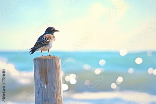 Coastal bird perched on a weathered wooden pole, ocean waves glistening in the background photo